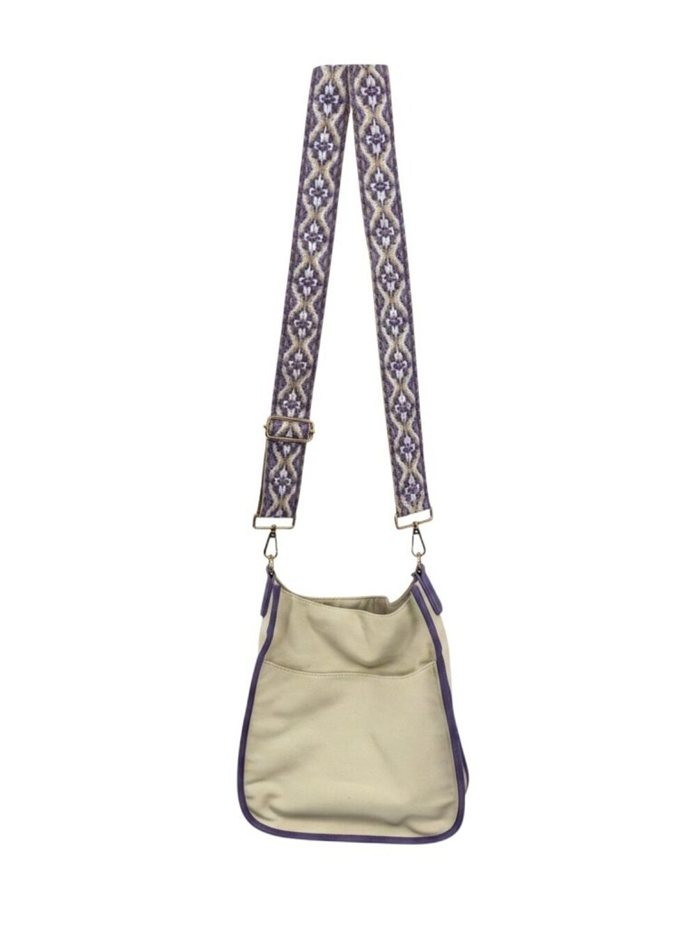 Ah-Dorned Crossbody Bag NWOT Cream Canvas Purple Vegan Leather Trim Boho